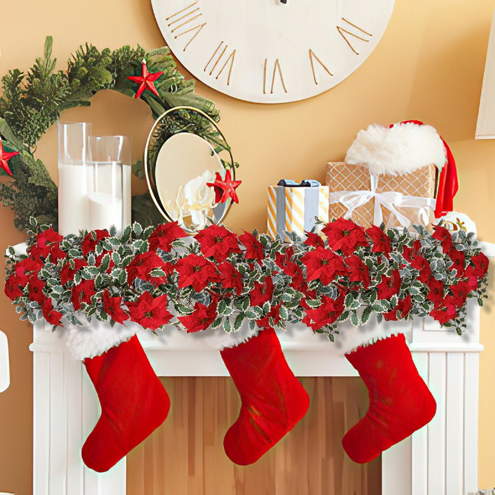 SDJMa 5.25Ft Christmas Poinsettia Garland, Red Artificial Poinsettia Garland with Holly Leaves for Xmas Winter Holiday Wedding Party Farmhouse Home Fireplace Mantel Decor